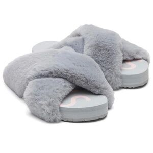 Toms Susie Eva Cross-Over Slippers Grey Plush Faux Fur House Bedroom NIB
